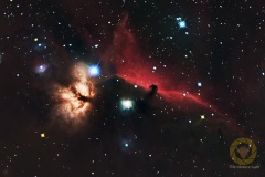 Pferdekopf- und Flammennebel im Orion. 61 Bilder mit 90 Sekunden, ISO 4000, APO 360 mm an D5300a auf Skyguider Pro, mit MGEN3, 9 Darks,je 20 Flats,  Dark-Flats, Biases. Januar 2024 Wildpark Schordheide
