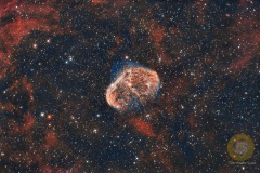 NGC 6888, Mondsichel- oder Cirrusnebel, Groß Schönebeck.32 Bilder mit je 180 Sekunden, ISO 10.000 F 6.0 RC6 bei 890 mm an D5300a auf EQ6. Keine Korrekturbilder, Steuerung, Autoguiding und Dithering durch Stellarmate.