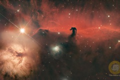 IC 434, Pferdekopfnebel im Orion, Eispfad. 20 Bilder mit 5 Minuten DNB, ISO 8000, D5300a, RC6 920 mm auf EQ6, Autoguiding MGEN3, 5 Darks, je 20 Flats, Darkflats, Biases. Dazu 20 Bilder ohne Filter mit 60 Sekunden, ISO 2000 für Sterne und 60 mal 2 Minuten aus OKtober 2024 (für Flammennebel)