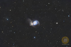 M51, Whirlpoolgalaxie, 159 Bilder mit 4 Minuten aus 2 Nächten. ASI 071 MC Pro, APO 540 mm, auf EQ6, Gain 100, Offset 30, Dithering, 30 Biases. Autoguiding OAG mit ASI 220 mini. Stellarmate OS auf Raspberry 4. Drizzle 2 beim Stacking.