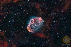 NGC 6888 im Schwan, Mondsichelnebel, Eispfad. 32 Bilder mit 300 Sek. ASI071 mc Pro an RC6, Reducer, ca. 900 mm, F 6, Gain 90. Guiding  OAG mit ASi220 mini. je 20 Flats und Darkflats.