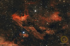IC 5070, Pelikannebel im Schwan. Wildpark Schorfheide. 64 Bilder mit 90 Sekunden, ISO 5000, APO mit 560 mm, F 7 an Nikon D5300a auf EQM35 Pro, Autoguiding MGEN3, je 20 Flats, Biases, Darkflats, 12 Darks