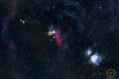 Orion widefield. 62 Fotos mit 90 Sekunden, ISO 1250, 135 mm (etwas Crop), F 2,0 an Nikon D850 auf Skyguider Pro