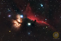 Januar: Wildpark Schordheide. Pferdekopf- und Flammennebel im Orion. 61 Bilder mit 90 Sekunden, ISO 4000, APO 360 mm an D5300a auf Skyguider Pro, mit MGEN3, 9 Darks,je 20 Flats,  Dark-Flats, Biases. Januar 2024
