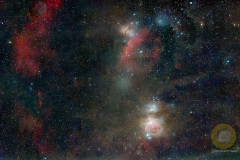 Orion. 2 Belichtungsreihen, getrennt gestackt: 47 Bilder mit 60 Sekunden und 13 Bilder mit 10 Sekunden. ISO 800, 135 mm, F 2.0 an Nikon D5100a auf Staradventurer. 17 Darks, je 20 Flats, Darkflats, Biases