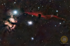 IC434, Pferdekpf- und Flammennebel. September, Gropß Schönebeck. 19 Bilder mit 180 Sekunden, ISO 640, APO 540 mm F 6 an D5300 a auf EQM 35 Pro (nur RA). Autoguiding MGEN3, je 20 Flats, Biases, Darkflats und Darks.