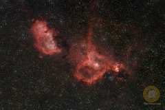 IC1805 Herznebel und IC1848 Seelennebel in Kassiopeia, Groß Schönebeck. 34 Bilder mit 5 Minuten, ISO 640, 135 mm, F 2.0 an D5100a als Piggyback auf EQ6. MGEN3 Autoguiding. je 20 Flats, Darkflats, Biases, 12 Darks.