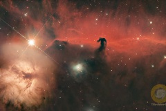 IC 434, Pferdekopfnebel im Orion, Eispfad. 20 Bilder mit 5 Minuten DNB, ISO 8000, D5300a, RC6 920 mm auf EQ6, Autoguiding MGEN3, 5 Darks, je 20 Flats, Darkflats, Biases. Dazu 20 Bilder ohne Filter mit 60 Sekunden, ISO 2000 für Sterne und 60 mal 2 Minuten aus OKtober 2024 (für Flammennebel)