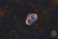 NGC 6888 im Schwan, Mondsichelnebel, Eispfad. 32 Bilder mit 300 Sek. ASI071 mc Pro an RC6, Reducer, ca. 900 mm, F 6, Gain 90. Guiding  OAG mit ASi220 mini. je 20 Flats und Darkflats.